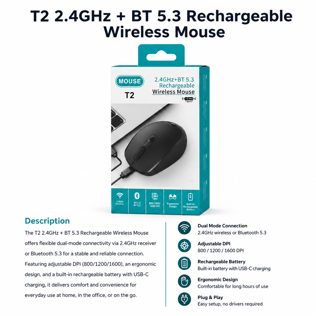 T2 2.4GHz + Bluetooth 5.3 Rechargeable Wireless Mouse