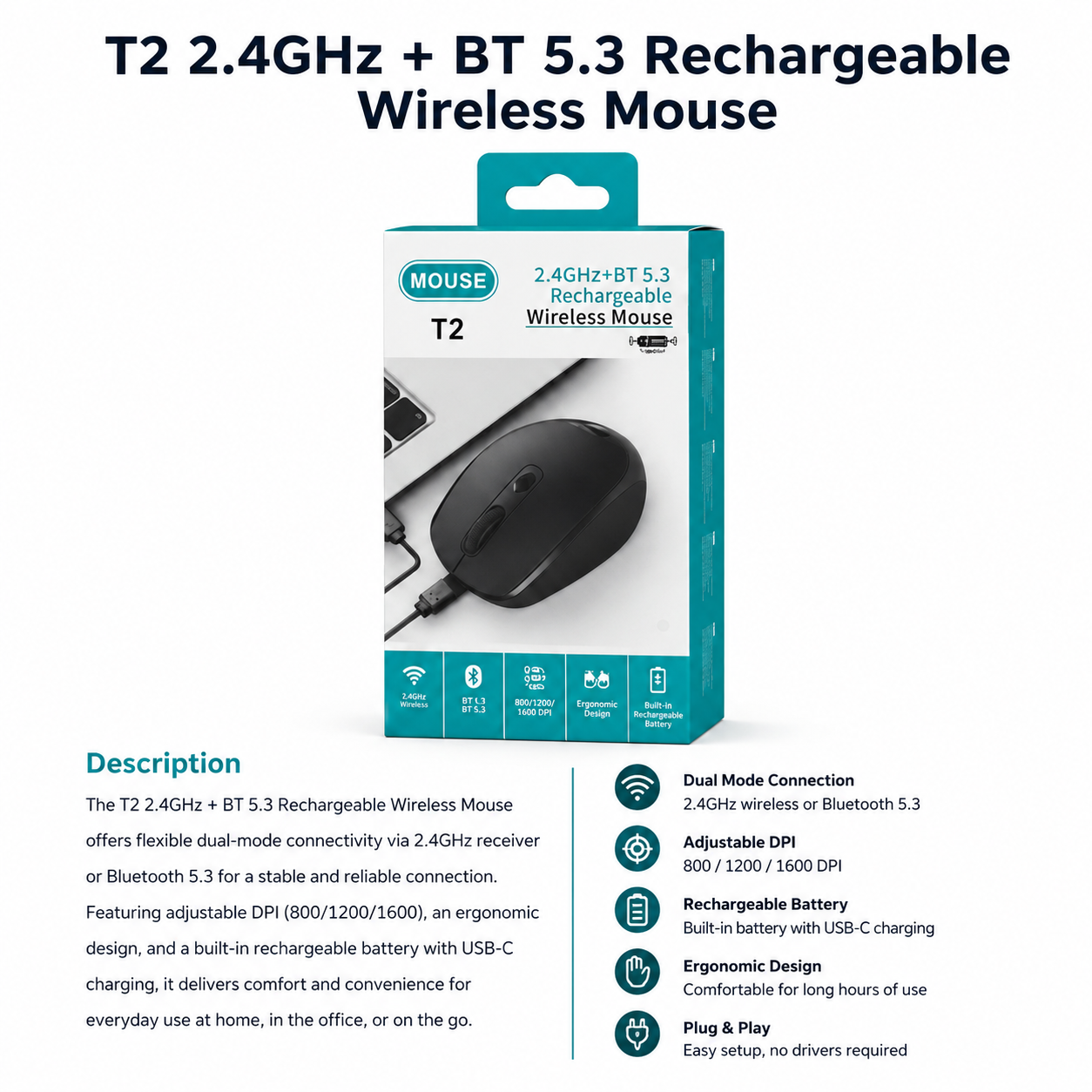 T2 2.4GHz + Bluetooth 5.3 Rechargeable Wireless Mouse
