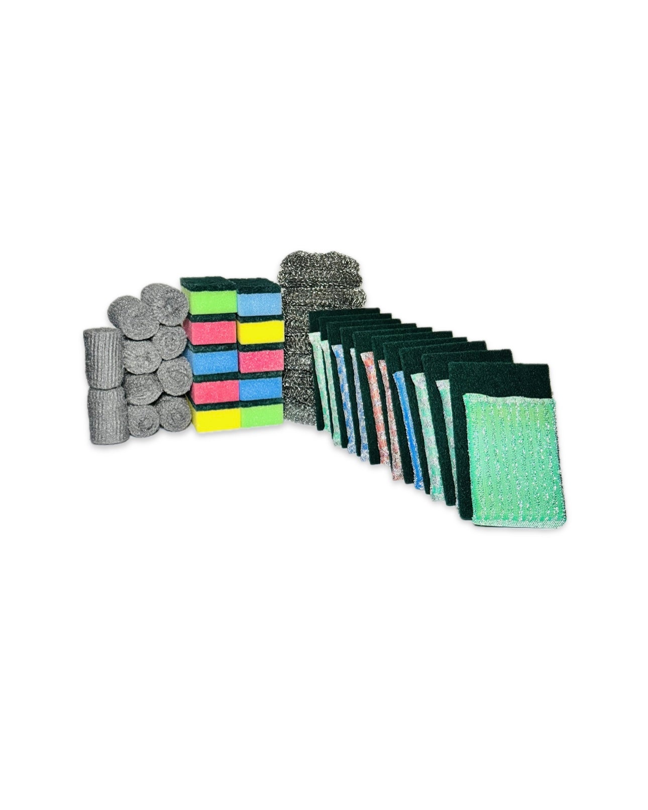 Kitchen Cleaning Sponge Set, 50 Pack Multi-Purpose Scrubbers with Wire Scourers, Steel Wool, Sponge Scourers and Green Scouring Pads