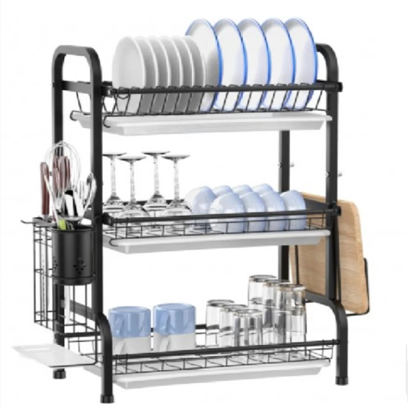 3-Tier Dish Rack With Tray Utensil Holder Steel Organizer Kitchen Rack