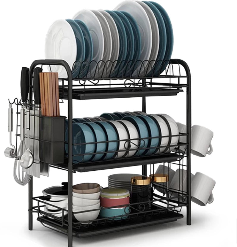 3-Tier Dish Rack With Tray Utensil Holder Steel Organizer Kitchen Rack
