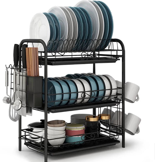 3-Tier Dish Rack With Tray Utensil Holder Steel Organizer Kitchen Rack
