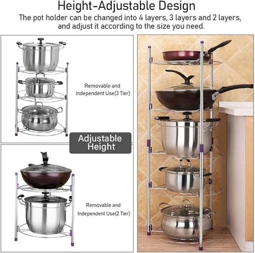 5-Tier Adjustable Stainless Steel Pot Rack Steel Organizer Kitchen Rack  (Silver)