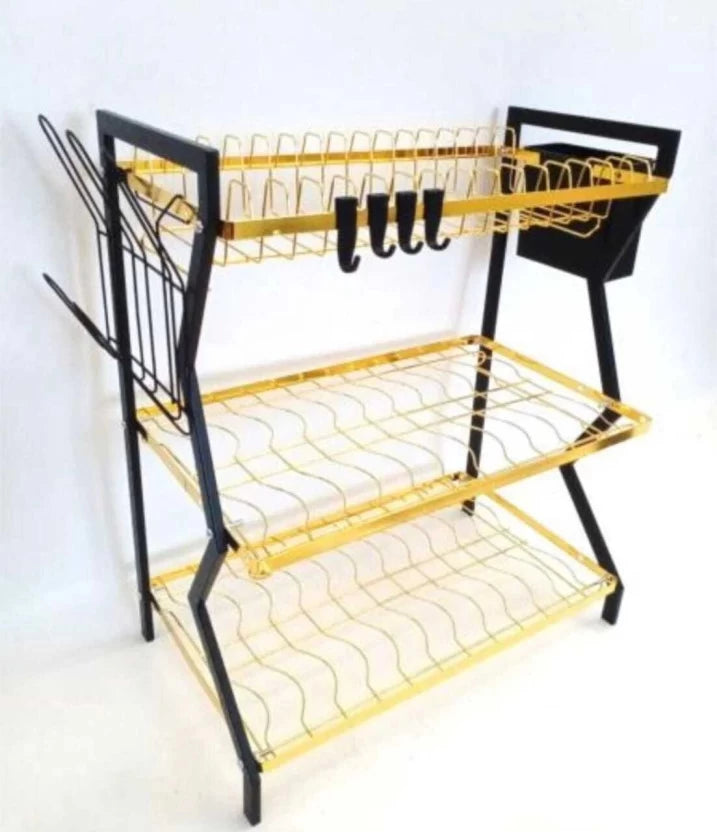 SA 3-Tier Kitchen Counter Dish Drying Rack with Utensil Holder - Black & Gold Metal