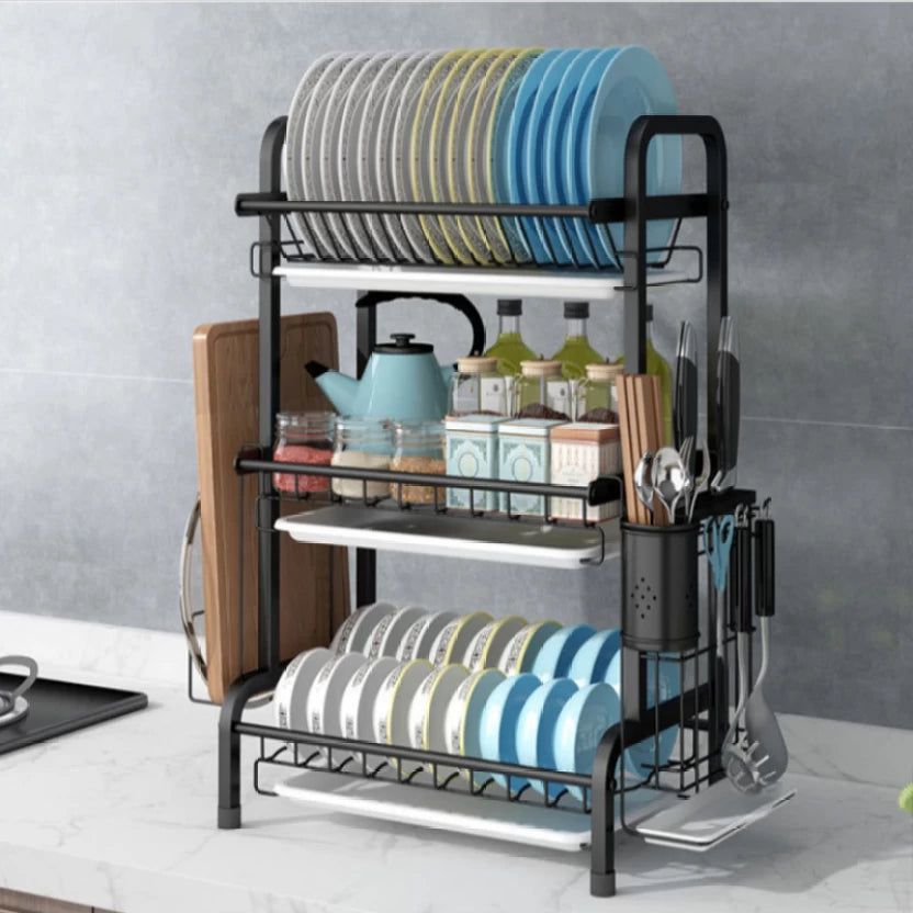 3-Tier Dish Rack With Tray Utensil Holder Steel Organizer Kitchen Rack